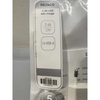 Deltaco USB Vegglader 12W / 2.4A – 1x USB-A (Ny, uåpnet)