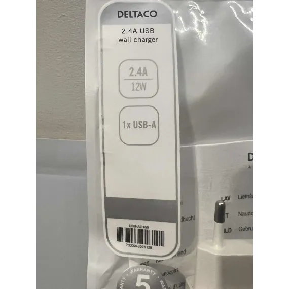 Deltaco USB Vegglader 12W / 2.4A – 1x USB-A (Ny, uåpnet)