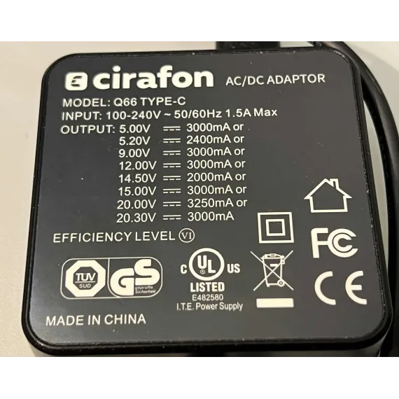 Cirafon 65W USB-C Strømforsyning (Q86 Type-C)